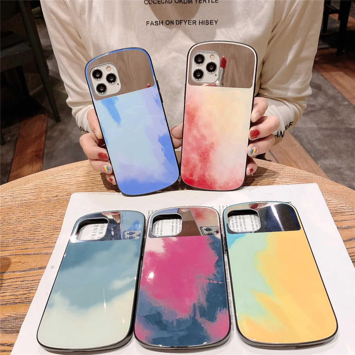 

Watercolor Shield Style Mirror Phone Case for iPhone 11 12 Pro XS Max 12 Mini XR XS X 8 7 Plus 7 8 Tempered Glass Phone Cover