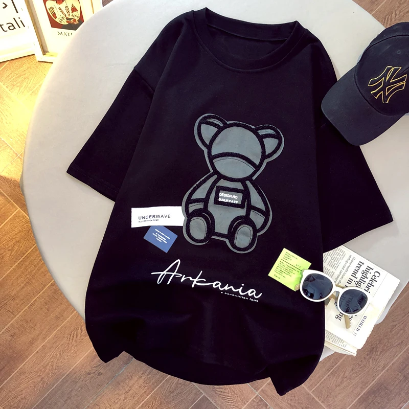 

2021 Women's T-shirts Harajuku Girls Plus Size Tops Letter Jacquard O-neck Short Sleeves Loose Summer Tshirt Bear White Tees