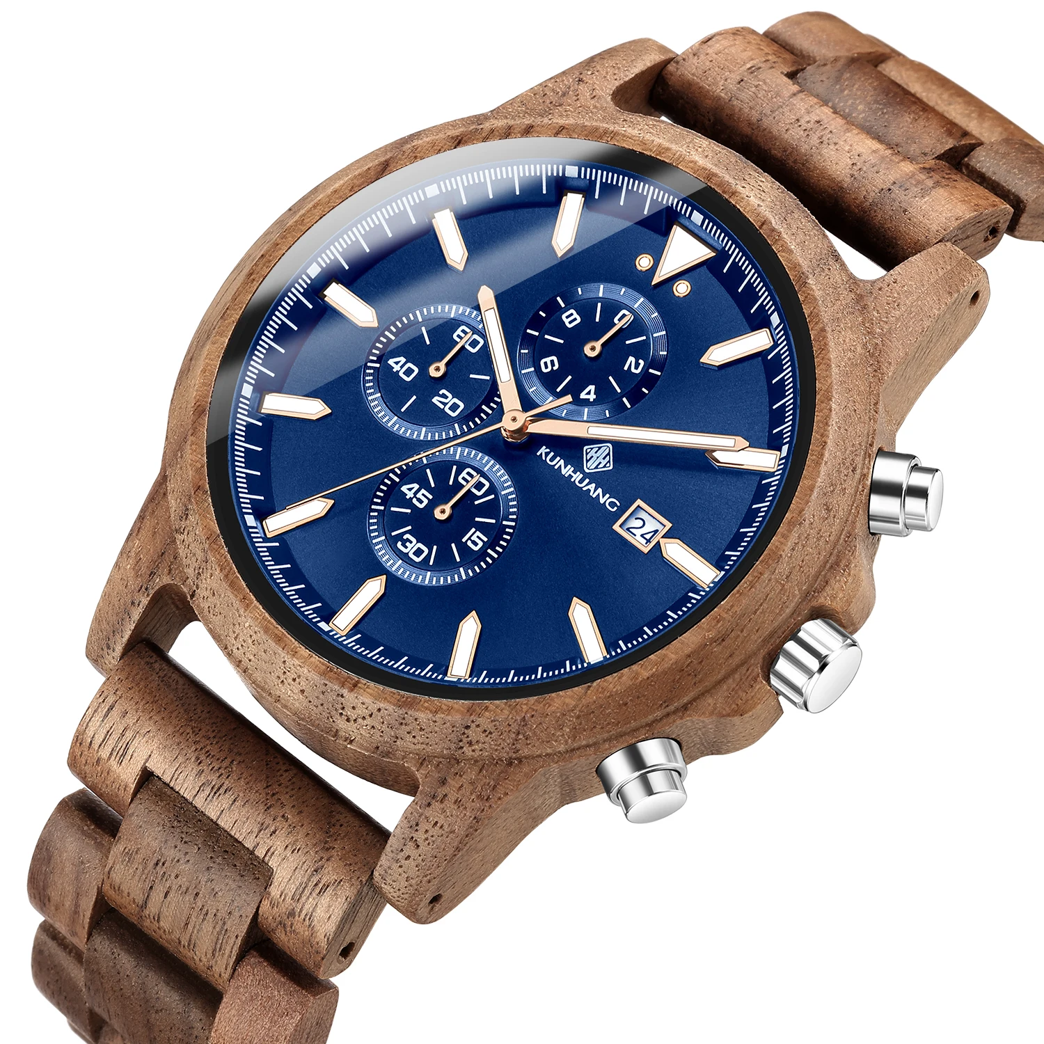 Kunhuang Wood Watch for Man Multi-Functional Fashion Chronograph Three-eye Six-pin Sports Male Luminous Sport Quartz Wristwatch