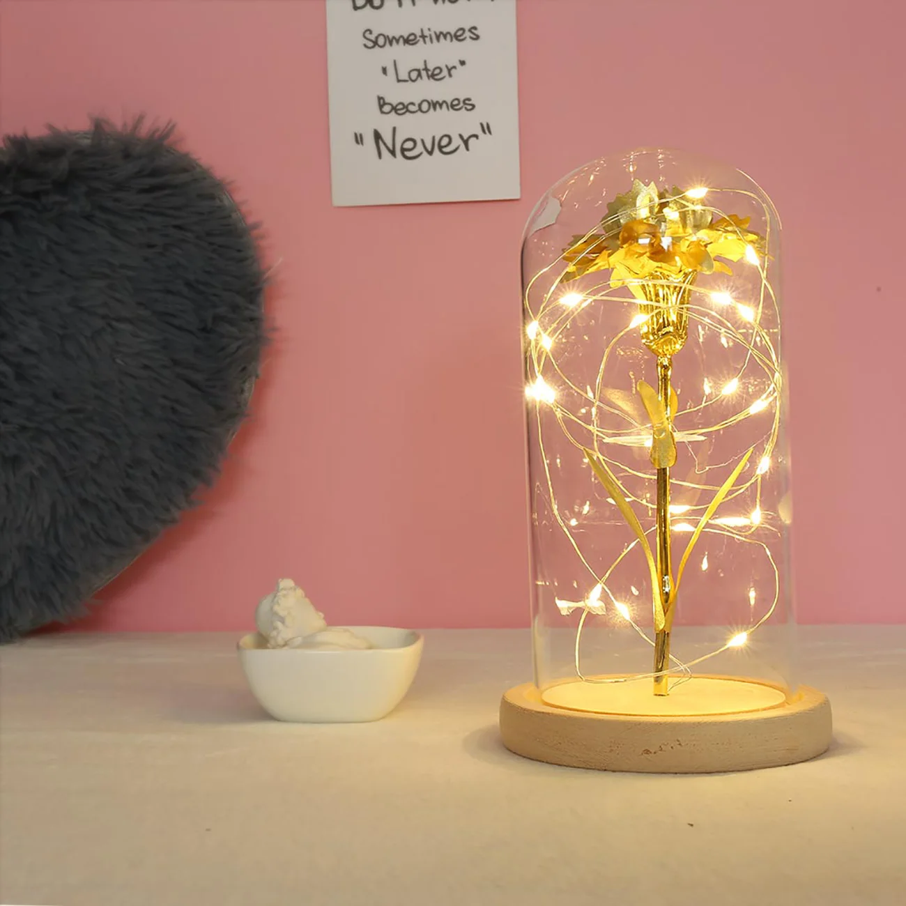 

Gold Foil Carnation Lantern Night Light Valentine'S Day Gift Lantern Glass Shade Rose Light LED Rose For Valentine'S Day