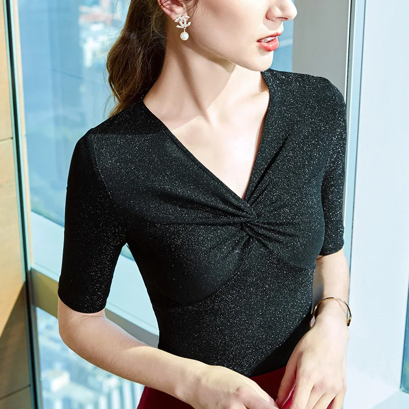 

Sexy V-neck bottom coat spring and autumn women's dress foreign style small shirt with T-shirt and tight medium sleeve top