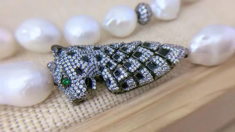 ?? バロックナチュラル淡水パールネックレス925スターリングシルバー立方ジルコンヒョウ45センチメートル動物のネックレス送料無料