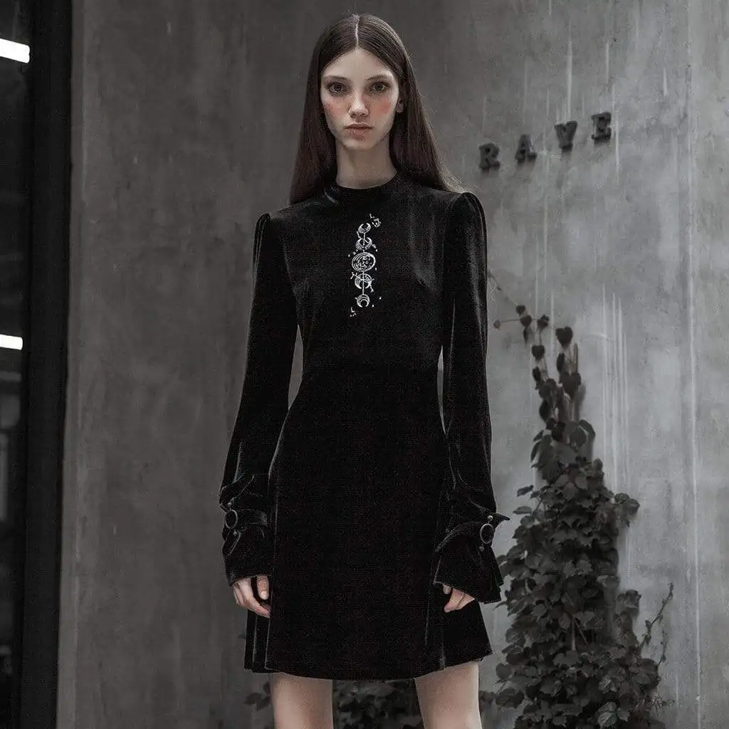 Панк RaveWomen's Goth embroided вельветовое с длинным рукавом черное маленькое платье OPQ-427LQF