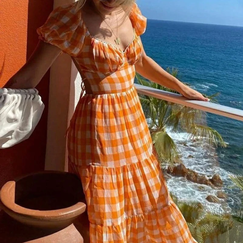 

hirigin 2021 Bohemian Colorful Plaid Print Long Dress For Women Backless Strapless Summer Dress Young Style Dress For Lady Girl