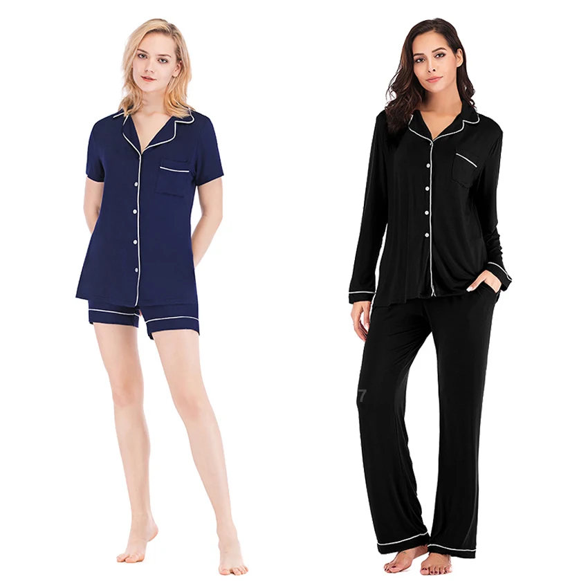 

Modal Cotton Soft Sleepwear Set for Women Notch Collar Palm Leaf Pure Color Short Long Sleeve Single Breasted Lounge Pajamas PJs