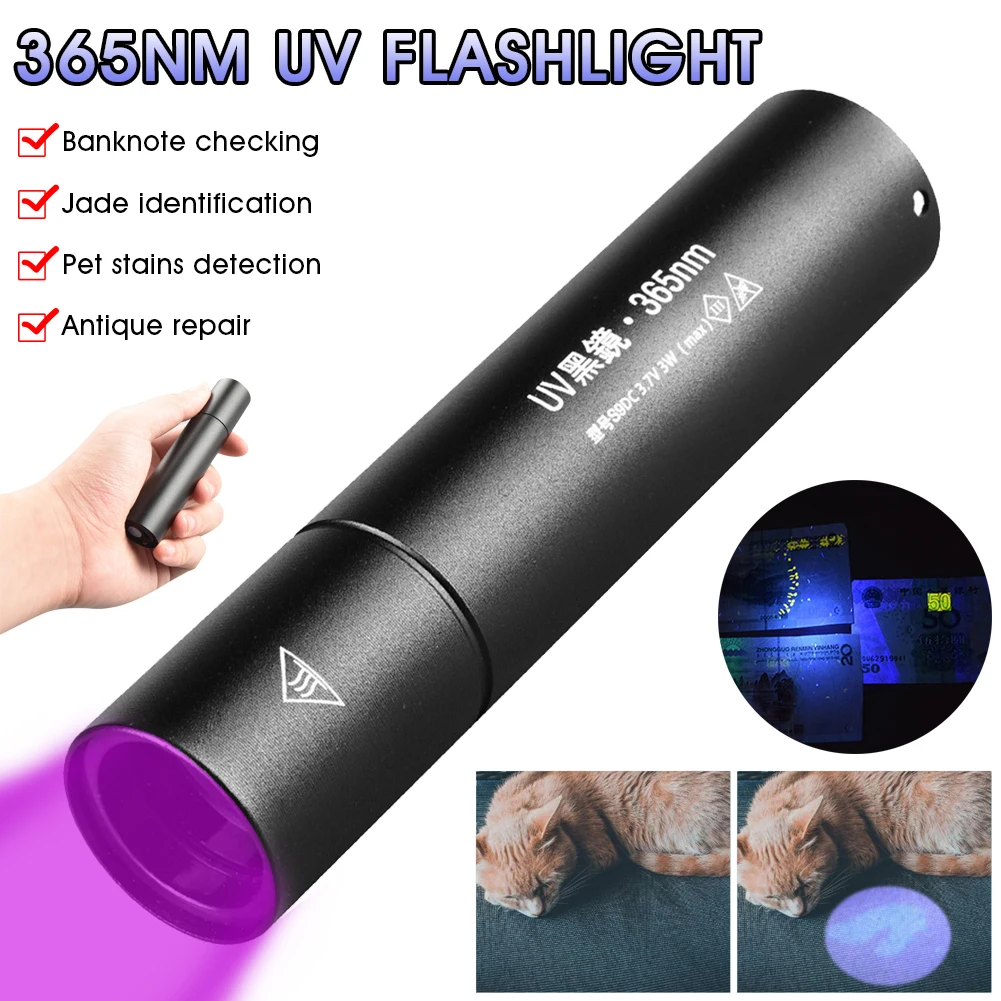 

UV Flashlight Black Light USB Rechargeable 365nm Ultraviolet Handheld Torch Portable for Detector for Dog Urine Pet Bed Bug