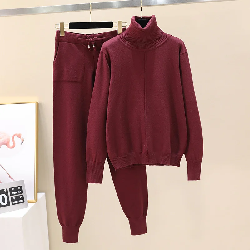 

Women Knitted Tracksuit 2 Pieces Set Turtleneck Sweater +Casual Knitwear Pants Pullover Sweater Set Knitted Outwear sweater Suit
