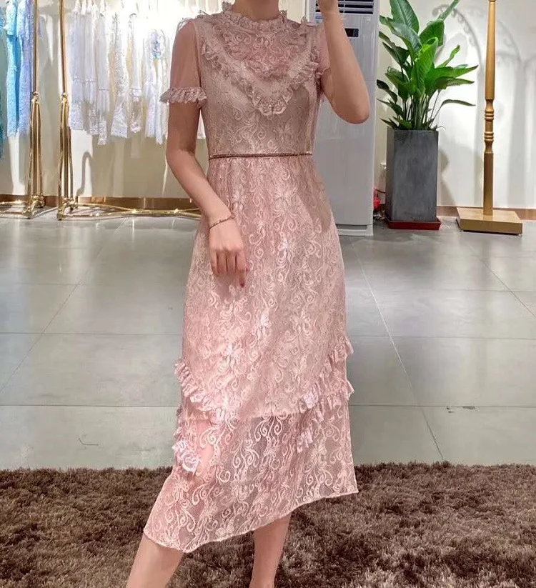 

High Quality Lace Dress 2020 Summer Style Women Ruffle Flower Patchwork Short Sleeve Mid-Calf Length Apricot Purple Dress XL