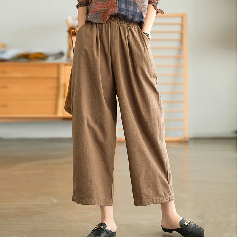 

NINI WONDERLAND Women Vintage Cotton Twill Harem Pants 2021 Autumn Elastic Waist Casual Ankle Length Pants Female Loose Trousers