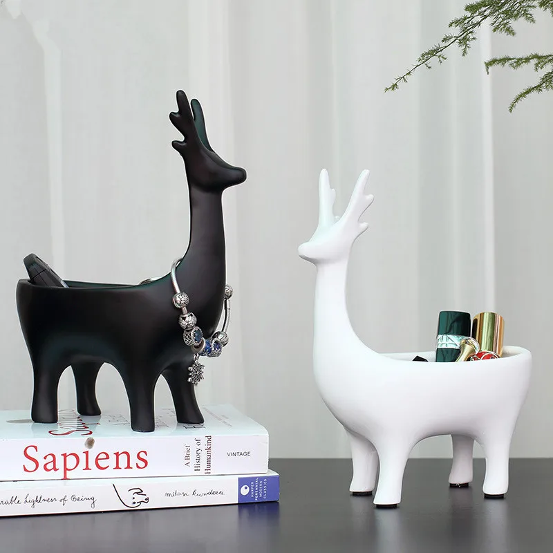 

New 2021Deer Statue Resin Animal Elk Figurine Sculpture Home room Decoration Sundries Container Key Candy european style decor