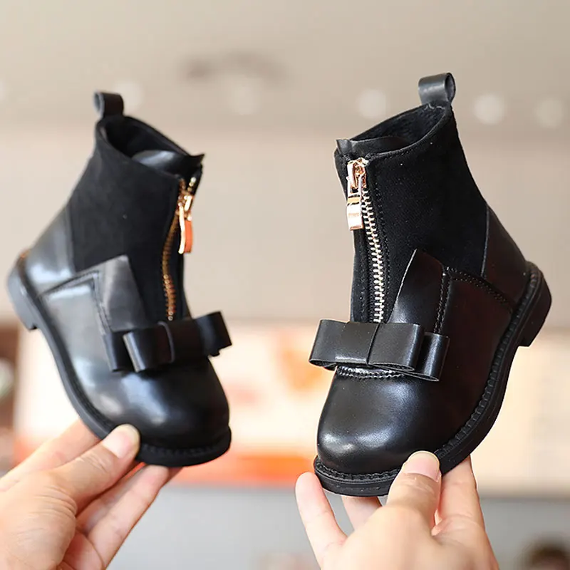 

Little Kid Pu Cloth Splicing Zip Shoes Girls Bowknot Ankle Boots 2021 Winter Baby Child Short Plush Warm Boot 21-30