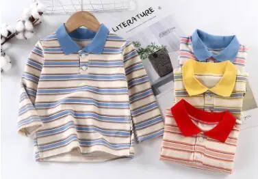 

New spring and autumn baby clothes long-sleeved T-shirt boys and girls treasure striped top lapel polo shirt