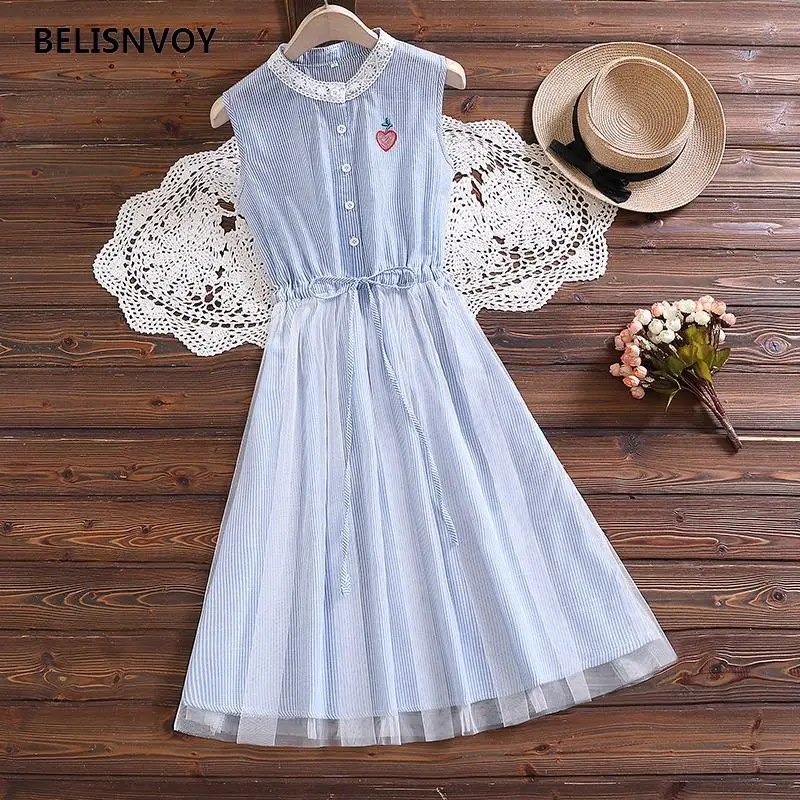 Японский опрятный Стиль милое летнее платье для девочек кружевное с О образным