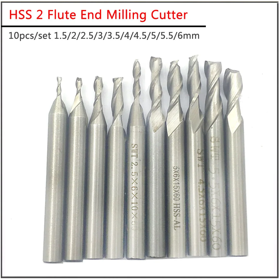 10pcs/set 1.5/2/2.5/3/3.5/4/4.5/5/5.5/6mm High Speed Steel 2 Flute Super hard straight shank keyway end milling cutter | Инструменты