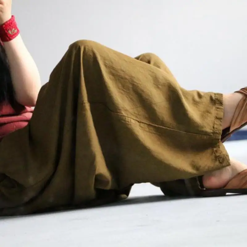 Free Shipping Summer Retro High Waist Pants Art Solid Color Elastic Waist Solid Color Pockets Comfort Plus Size Daddy Pants