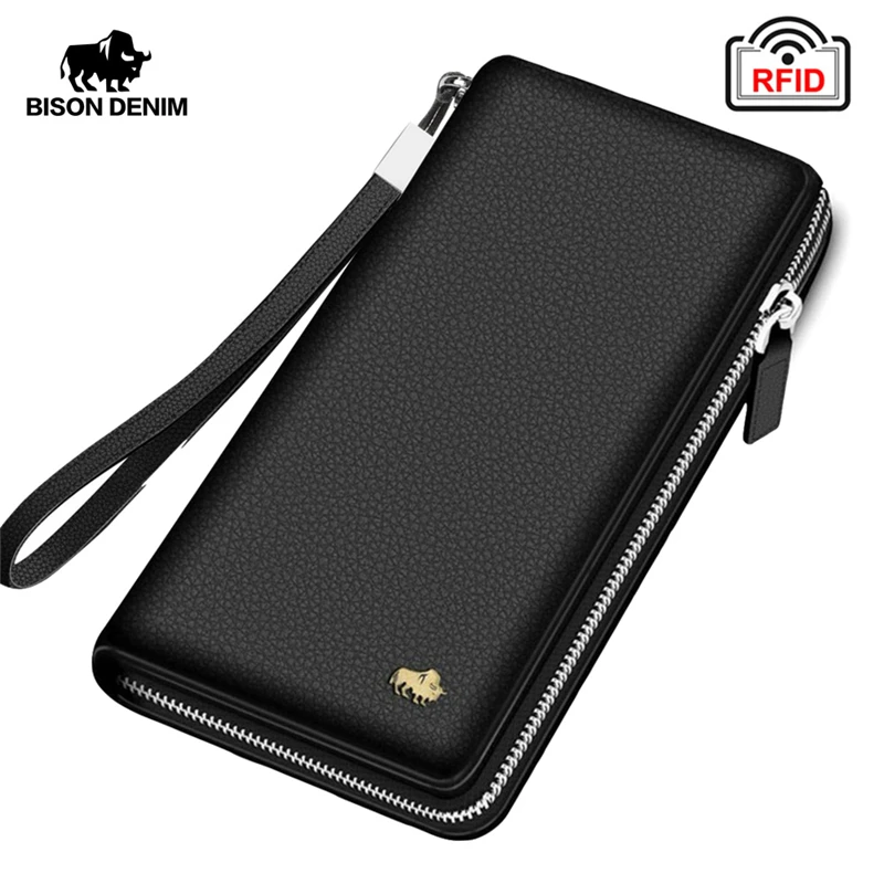 

BISON DENIM Brand Genuine Leather Wallet RFID Blocking Clutch Bag Wallet Card Holder Coin Purse Zipper Male Long Wallets N8195