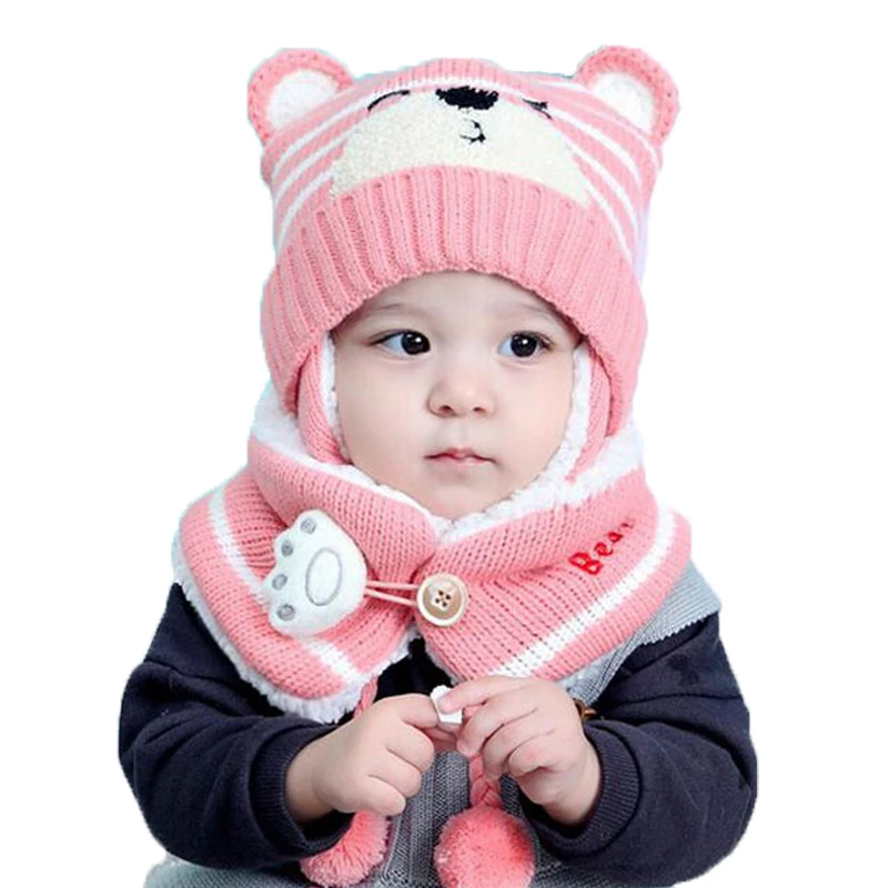 

Child Beanies Cap Set Baby Kids Cartoon Design Stripe Knit Add Velvet Hat and Scarf Winter Warm Suit Set Pink Gray