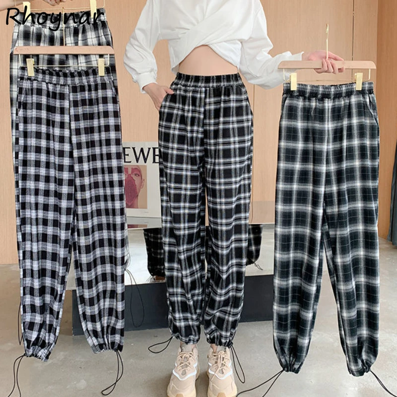 

High Elastic Waist Pants Women Plaid Autumn Simple Vintage Neutral Panelled Basic Teenager All-match Hot Sale Design Ins Stylish