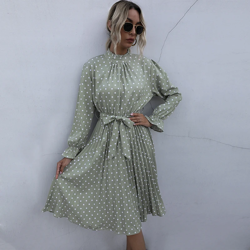

Elegant Polka Dot Print Dress Women A-line Ruffled Flare Sleeves Bohemian Midi Dresses A-line Bow Vintage Clothing Vestidos 2020