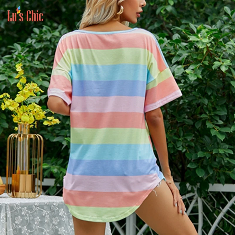 

Lu's Chic Women's Short Sleeve Shirts Summer Off Shoulder Tops Casual Tunic Crewneck Comfy Tee