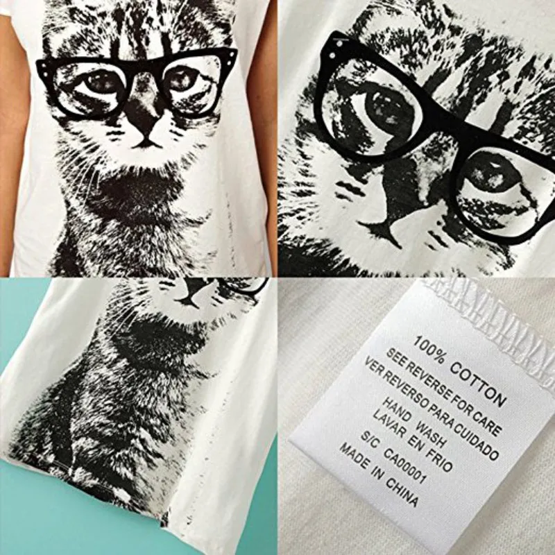 

Women Fashion Soft Cotton Tops T-Shirt O-Neck Short Sleeve Lovely Cat Print Solid Tops