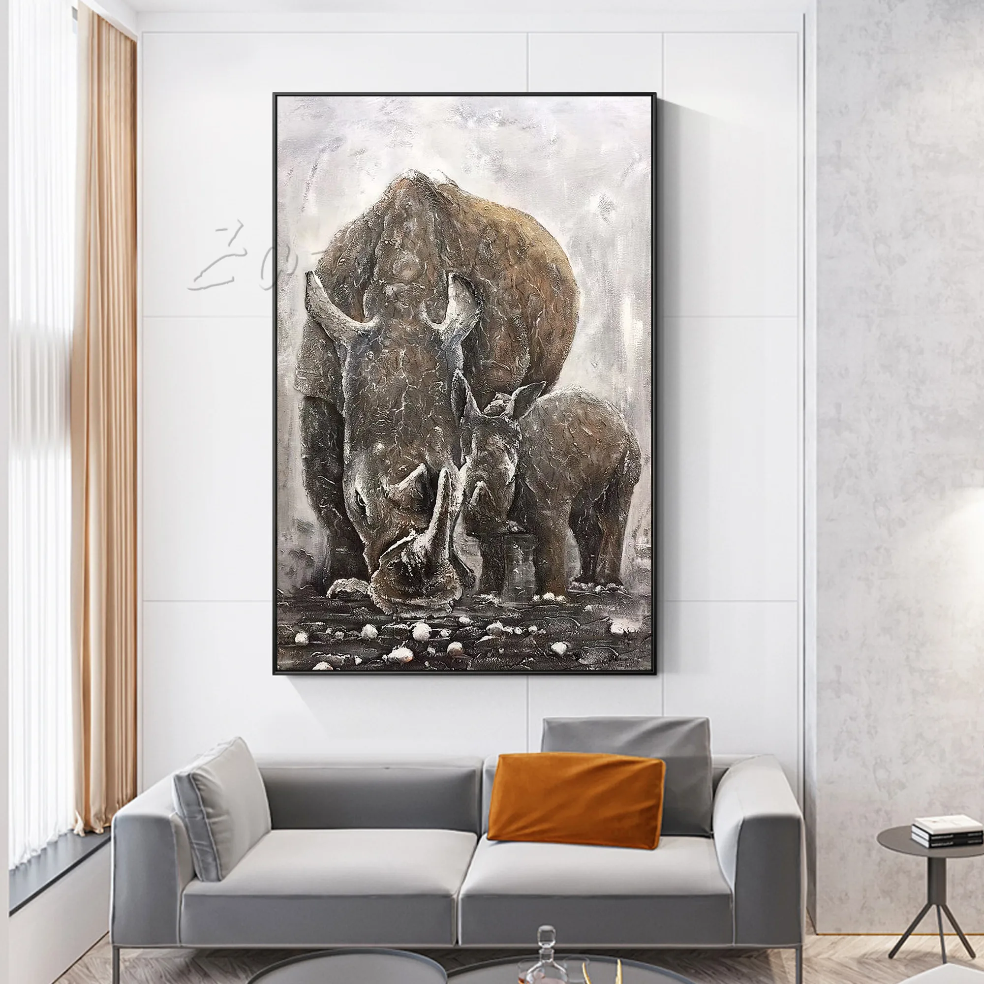 

Modern Abstract Brown Rhino Family Animal Palette Knife Hand Painting On Canvas Large Wall Art Acrylic Texture Painting Decor