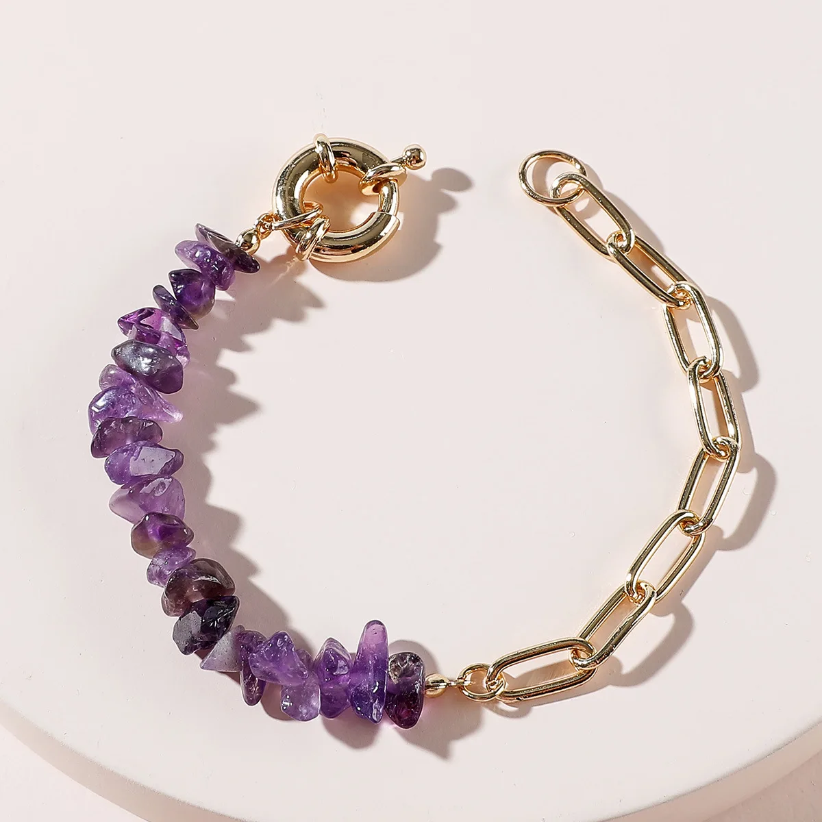 

Women Fashion Half Metal Chain Half Purple Natural Crushed Stone Bracelet HD127