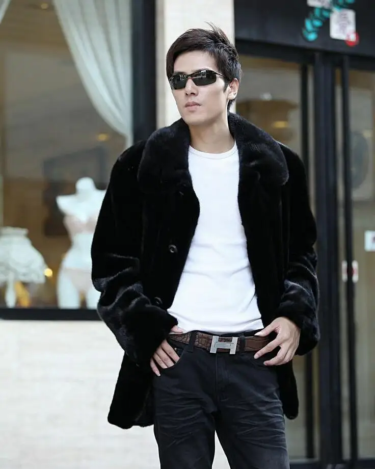 Middle length fur leather jacket mens warm faux mink fur leather coat men loose jackets winter autumn thicken jaqueta de couro