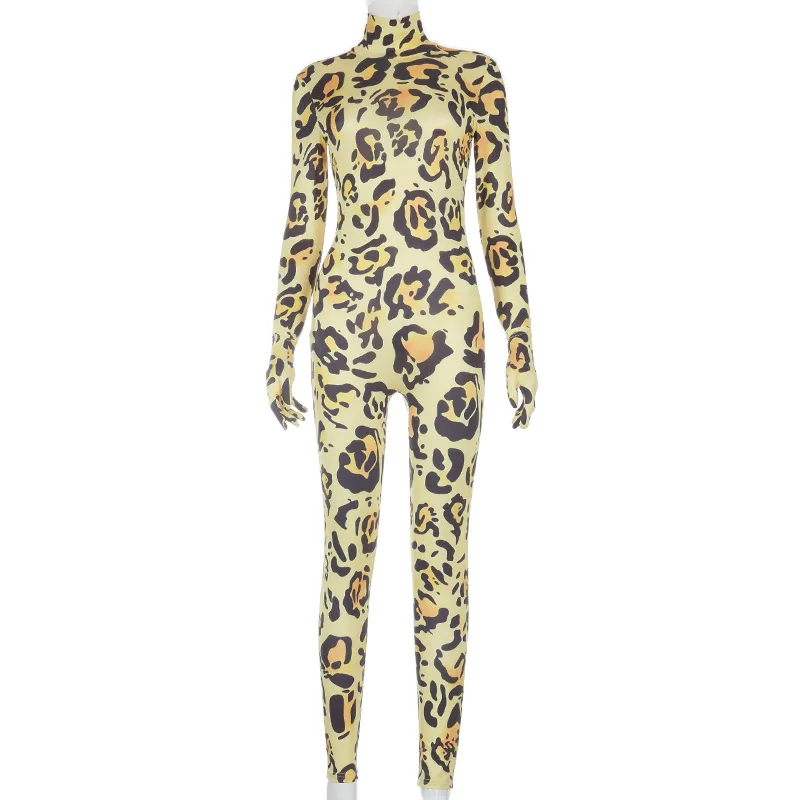 

Women's autumn and winter new fashion leopard print high neck zipper gloves jumpsuit