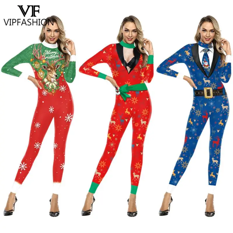 

VIP FASHION New Arrival Women Christmas Party Sexy Santa Claus Tie Elk Printed Sexy Women Cosplay Party Costume Bodysuit Catsuit