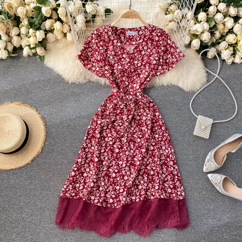 

Popular French Style Flowers Prints V-neck Dress Wrap Waist Medium Long Patchwork Chiffon Lace Dress TN1755