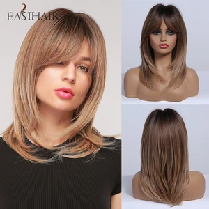 EASIHAIR Brown Ombre Synthetic Hair Wigs Women Natural Hair Layered Wigs with Bangs Medium Length Cosplay Wigs Heat Resistant