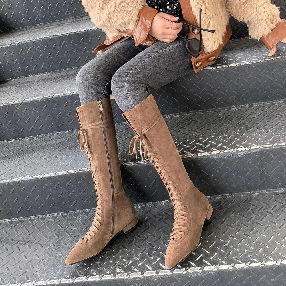 

Women's genuine suede leather lace-up flats knee high knight boots high quality pointed toe winter warm plush long boots shoes