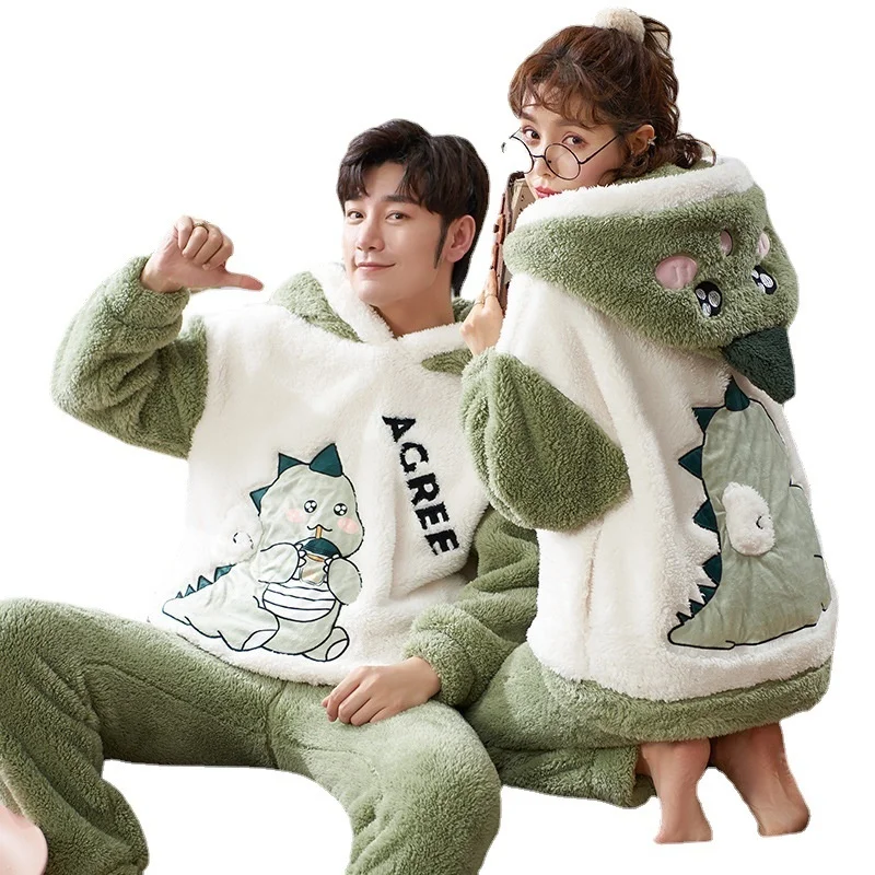 Mengyunian Winter Lovers Thickened Flannel Pajamas Set Men's And Women's Coral Velvet Cartoon Plush Home Clothes pajama set