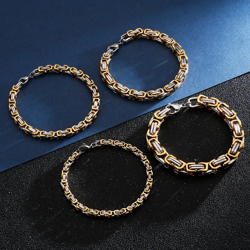 

Rinhoo Stainless Steel King Byzantine Chain Bracelet Gold Color 5MM Wide Handmade Mens Statement Bangles Party Jewelry Gift