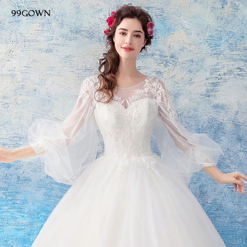 99GOWN, простые свадебные платья для свадебной церемонии, длинный рукав-фонарик, ТРАПЕЦИЕВИДНОЕ свадебное платье из тюля, с кружевами, с открытой спиной, бальное платье