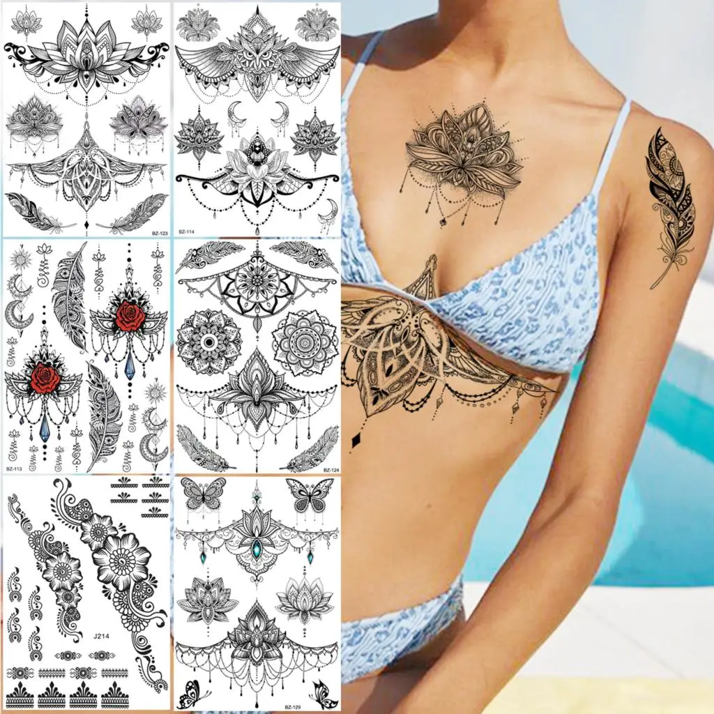 

Henna Pendant Temporary Tattoos For Women Undertboob Girls Realistic Butterfly Rose Flower Fake Tattoo Sticker Chest Tatoos