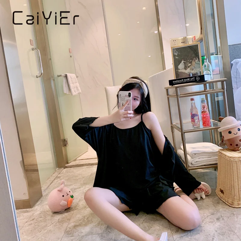 

CAIYIER Summer 2021 Simple Plain Color Pajamas Set Sexy Halter Top Shorts Midsleeved Cardigan Nighty 3 Piece Sleepwear Set