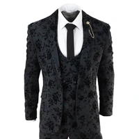 classic vintage mens black 3 piece suit paisley velvet wedding grrom best man tailored fit blazer waistcoat trousers