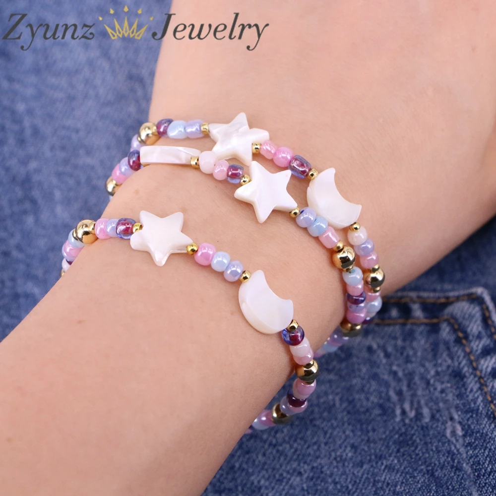 

10PCS, Mother of pearl star moon and color bead bracelet/anklet, MOP Bracelet, Rainbow Bracelet, Summer Beach Boho Star Jewelry