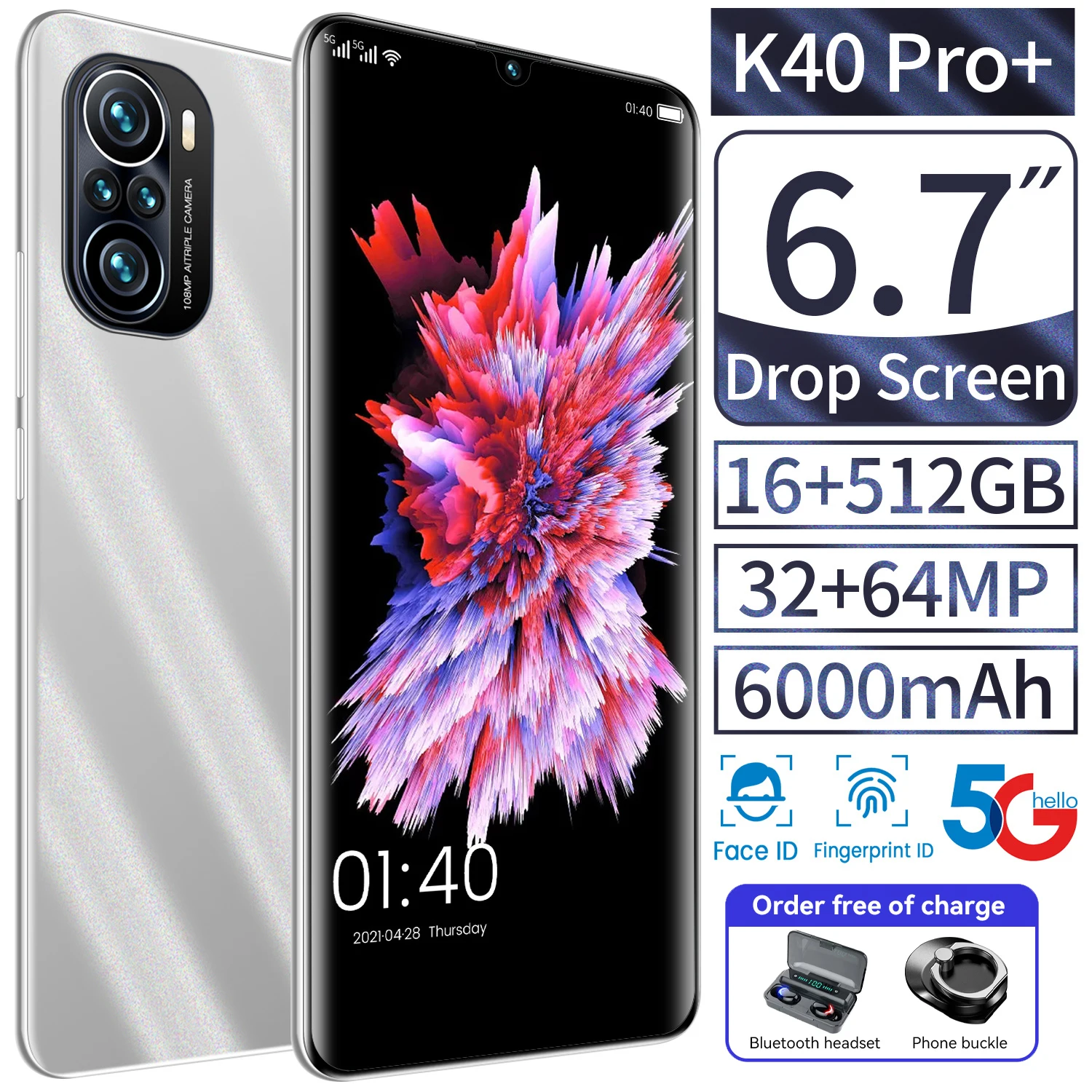 

K40 Pro+ Global Version 5G Smartphone MT6889 Deca Core Mobile Phone 6.7'' HD Full Screen Phone 16+512G 64MP Cellphone 6000mAh