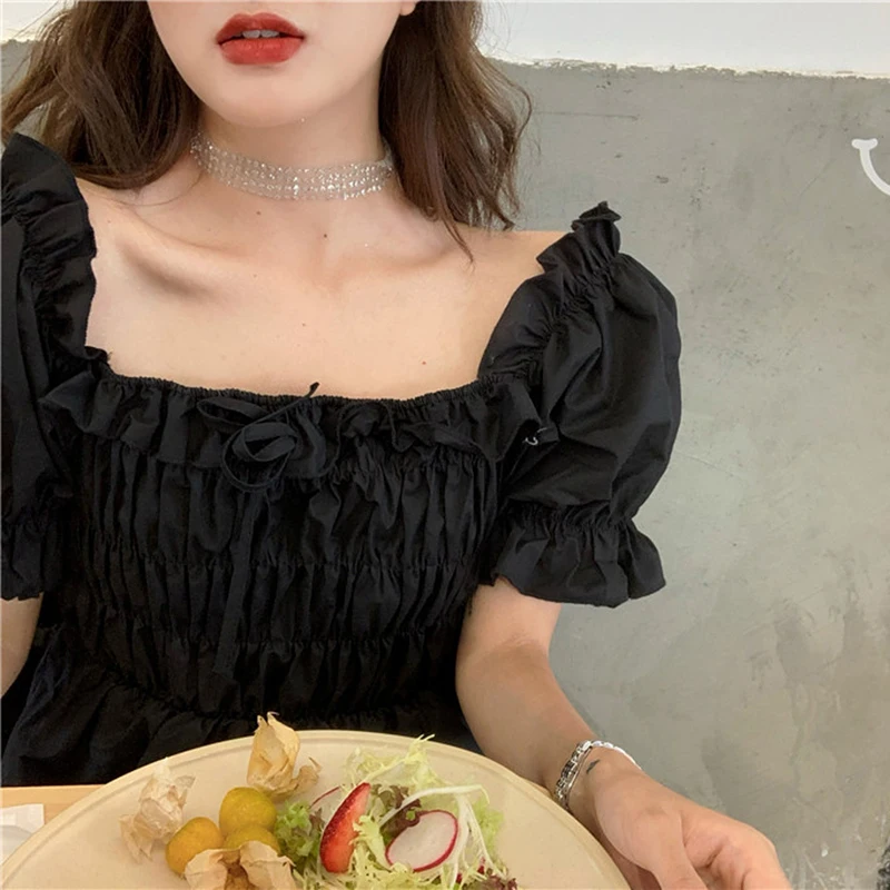 

2020 Summer White Black Mini Dress Women vintage short puff sleeve rullfes Sexy Club A-Line dress party dress Vestidos