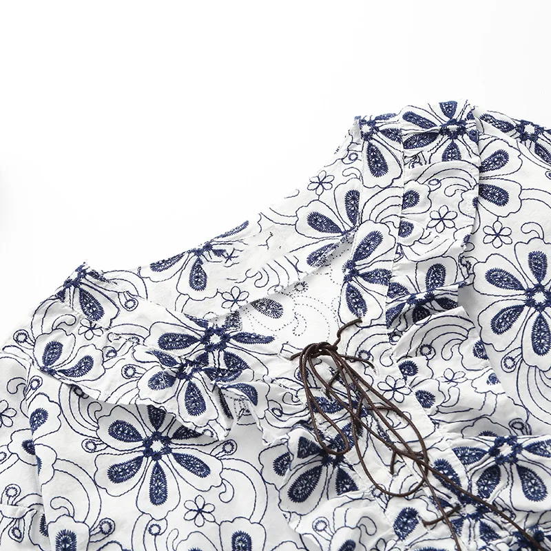 

Lamtrip Unique Sunflowers Surface Embroidery Lace Up Sash V-Neck Forest Design Waved Edge Cotton Kawaii Ruffles Doll Shirt