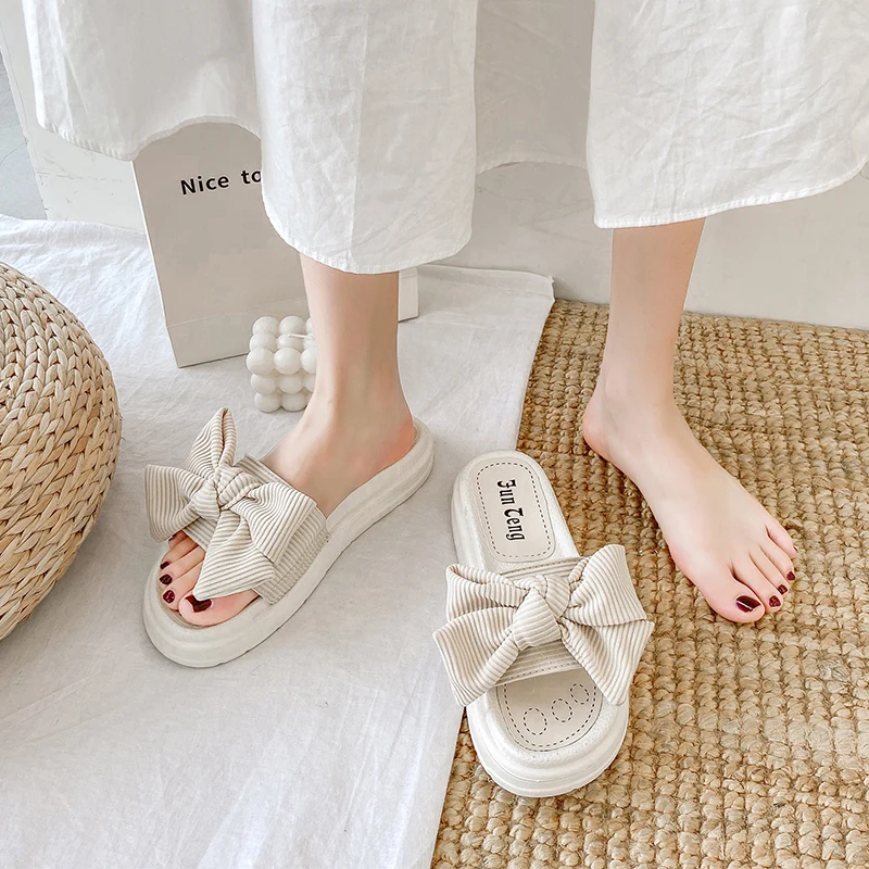 

House Slippers Platform Beach Shoes Slipers Women Butterfly-Knot Med Slides Sabot 2021 Summer Flat Cotton Fabric PU Rubber