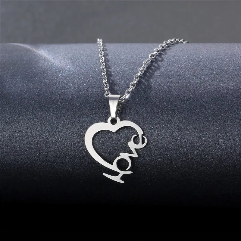 

Sweet Hollow Heart Necklace Women Letter Love Stainless Steel Necklaces & Pendants Statement Lover Valentine's Day Gifts