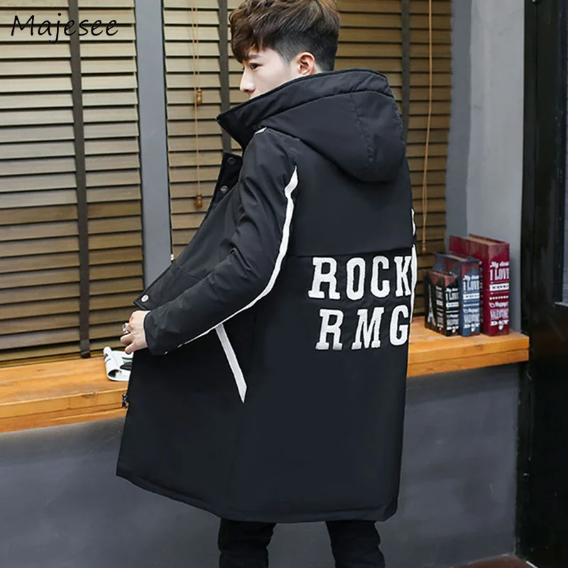 Парка мужская с капюшоном и надписью утепленная свободная длинная куртка