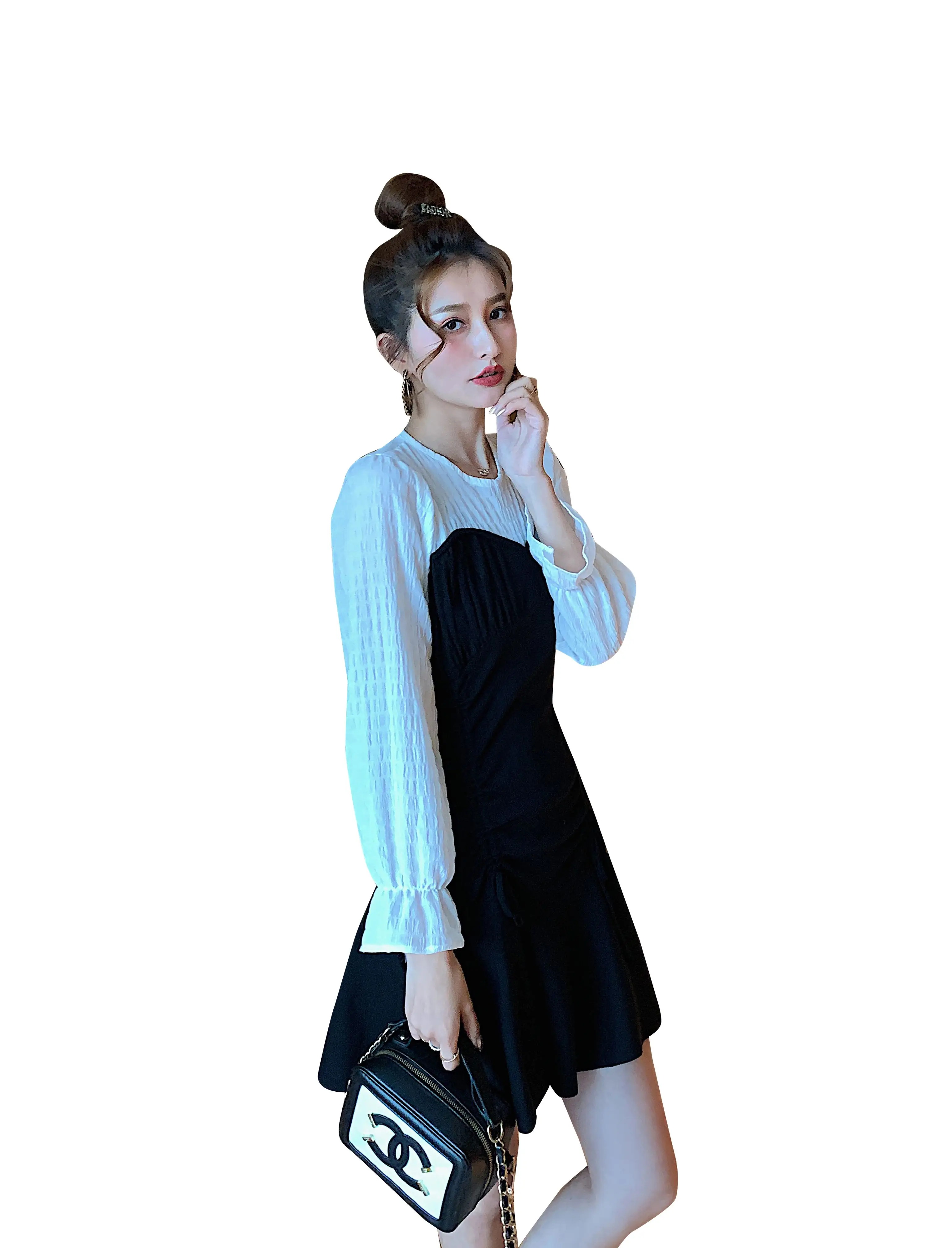 

COIGARSAM Sexy Knitting Women one-piece dress korean New Spring French Style O-Neck Dresses Khaki Black 738