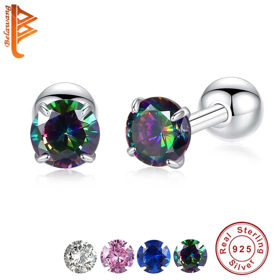 

Luxury 925 Sterling Silver Small Round CZ Zircon Screw Back Stud Earrings For Women Wedding Engagement Piercing Jewelry