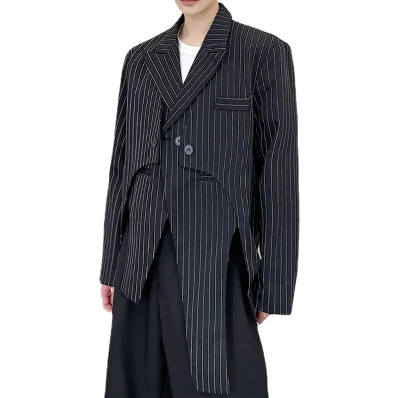 Men Asymmetry Fashion Show Design Blazers Jacket Suit Man Streetwear Punk Gothic Loose Casual Stripe Suit Blazer Harajuku Coat