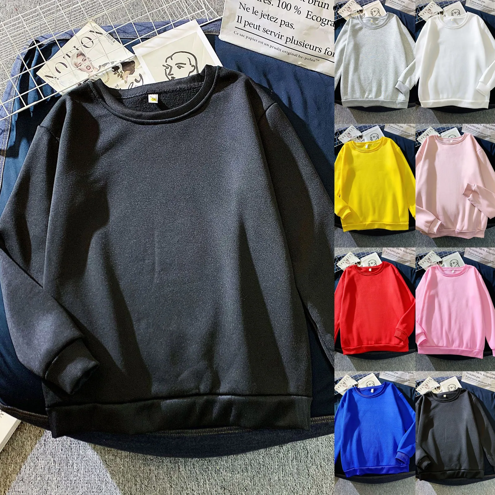 Woman Solid Color Sweatshirt Casual Loose Fit Hoodie Harajuku Aesthetic Streetwear Velvet Pullover White Tops Korean Pop